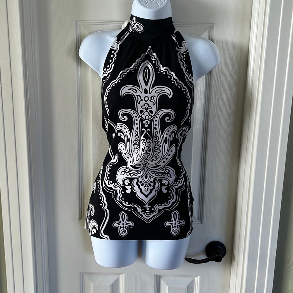 White House black-market tie neck low back top